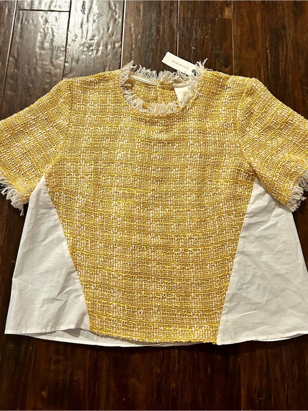 NWT Anthropologie Maeve Yellow Tweed Mixed Media Fringe Top - Size M
